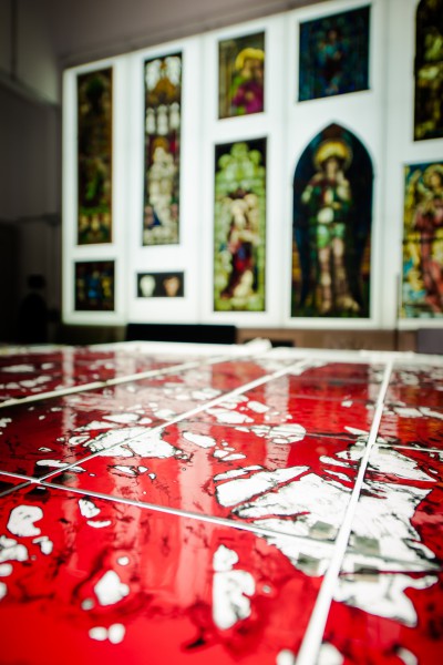 View of the large stained glass studio where new work by the Starn brothers can be seen against the historic backdrop of various stained glass windows completed by Mayer of Munich. Image and copyright by Sammy Hart