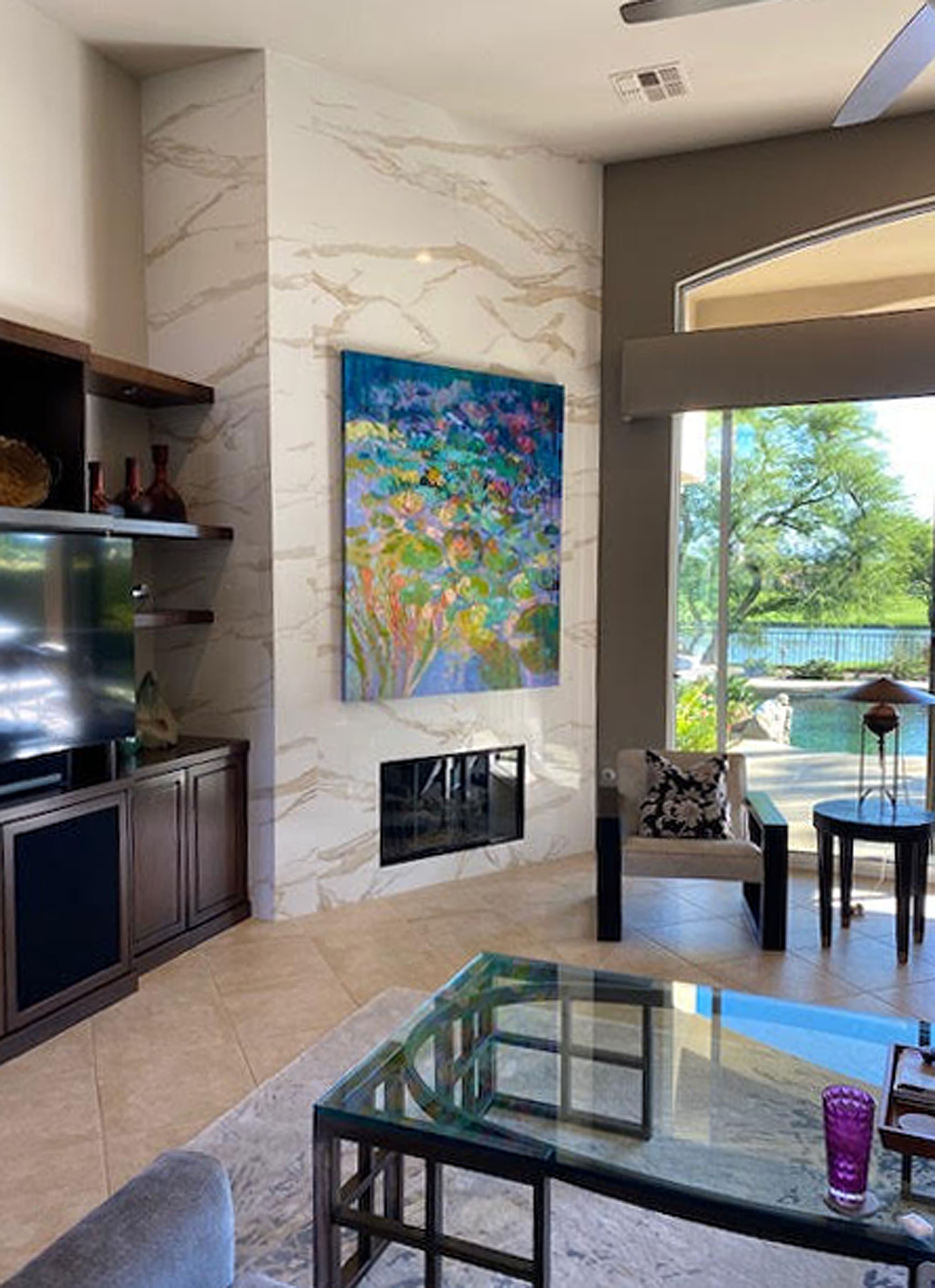 Oversize Abstract Floral Oil Painting for a Marble Fireplace. Waterlilies in a California Desert Residence