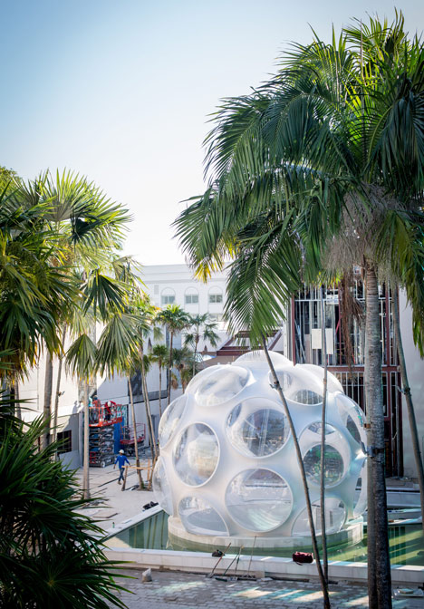 Redesign of Buckminster fuller’s fly’s eye dome recreated in miami design district: