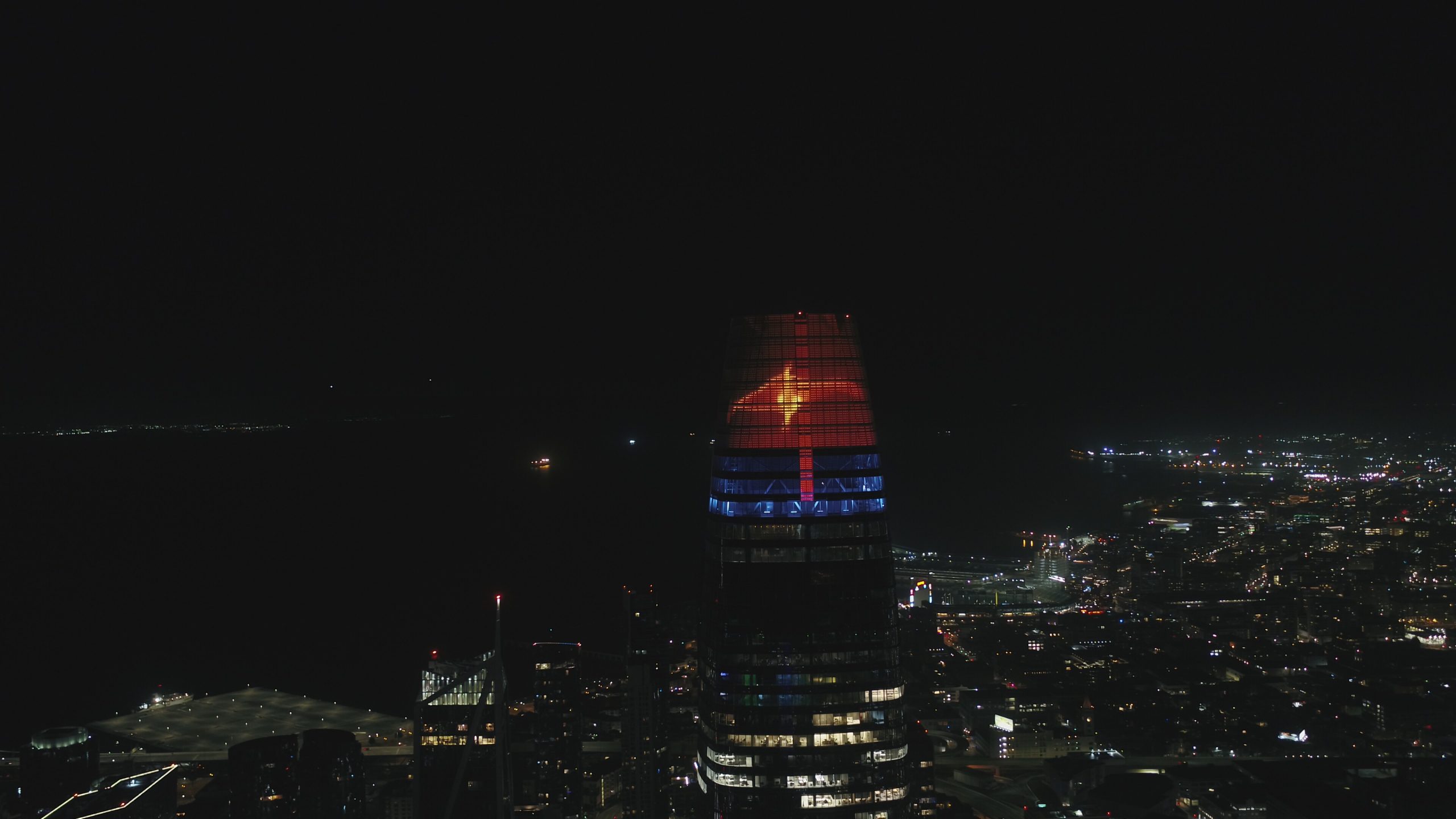 Lightdoves fly the sky canvas of the Salesforce Tower San Francisco,