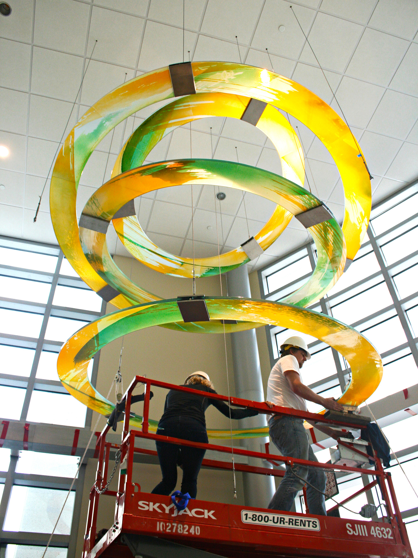 Suspended blown glass lobby sculpture